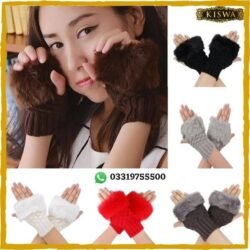 Half Finger Fur Knitted Winter Gloves Wrist Hand Warmer For Women Online in Pakistan